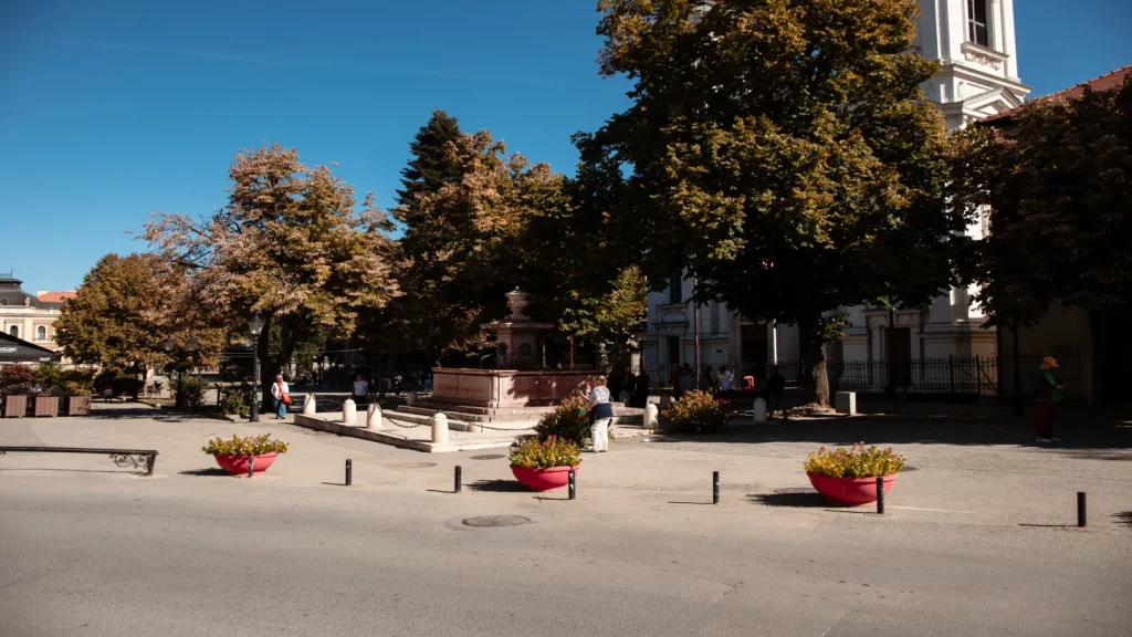 Trg u Sremskim Karlovcima sa česmom Četiri lava i Sabornom crkvom