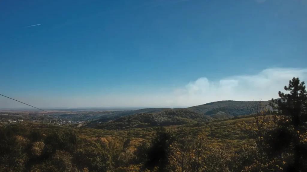 Pogled sa vidikovca Zmajevac preko pošumljenih brda Fruške gore ka sremskoj ravnici, pod vedrim nebom